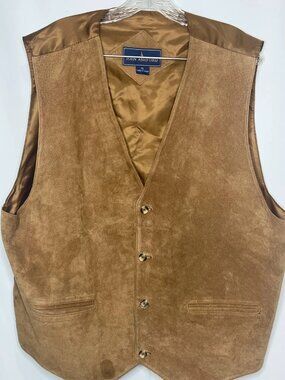 John Ashford XL Brown Suede Leather Vest Lined 4-Button Western Look